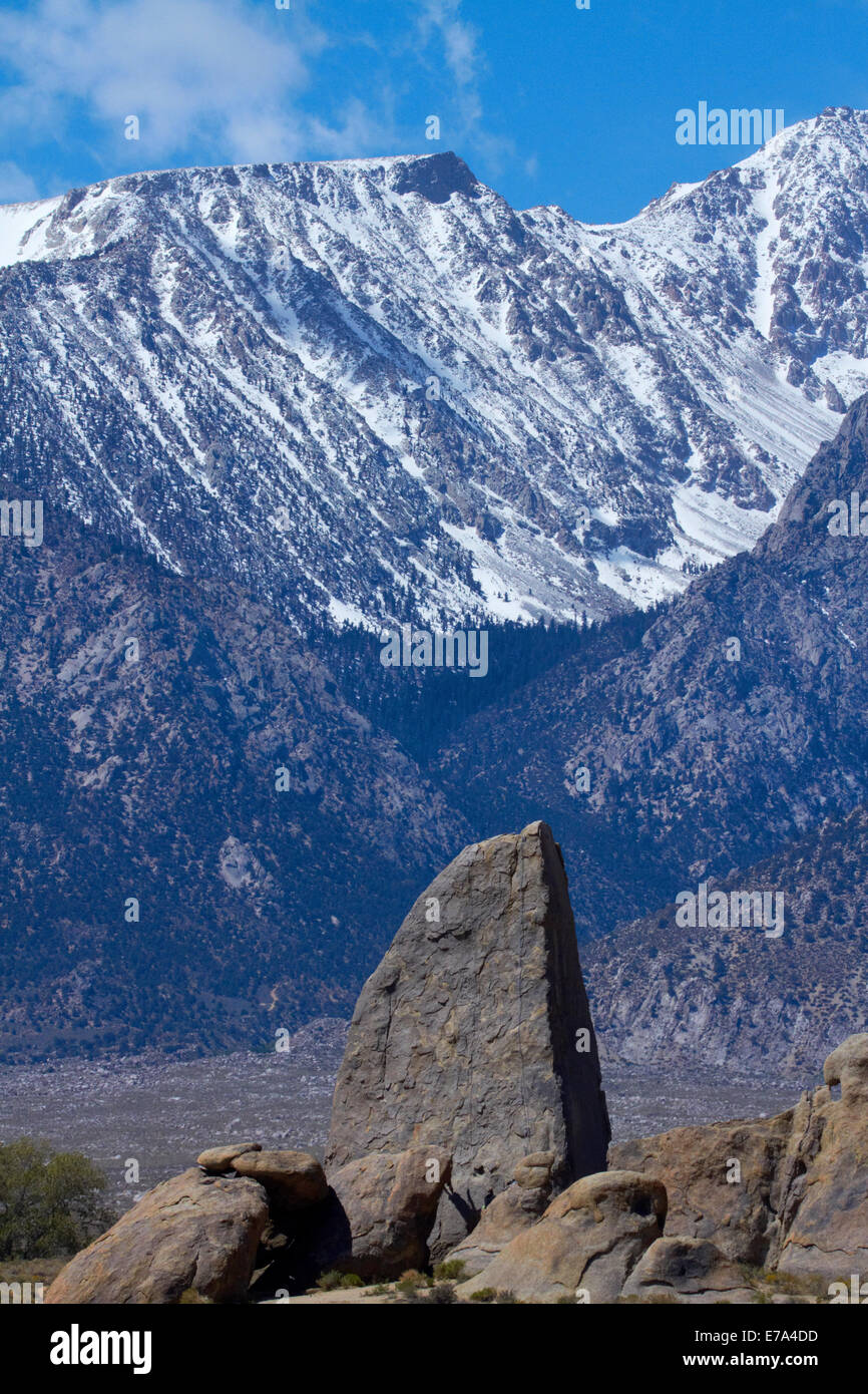 Large boulder, Alabama Hills, and snow on Sierra Nevada Mountain Range