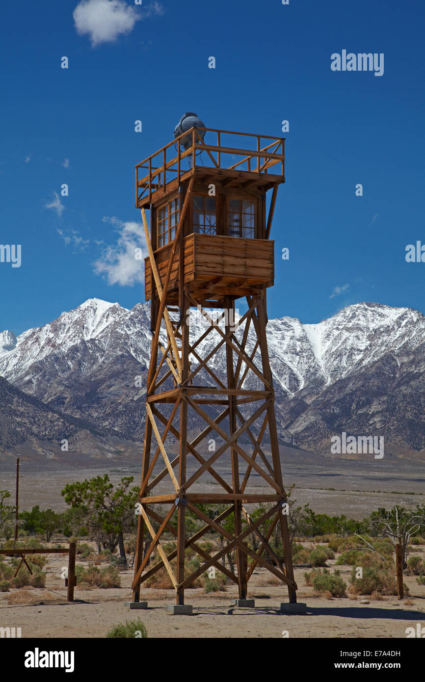 Manzanar War Relocation Center (WWII prison camp), and Sierra Nevada Mountain Range, near Lone Pine, Owens Valley, California, USA Stock Photo