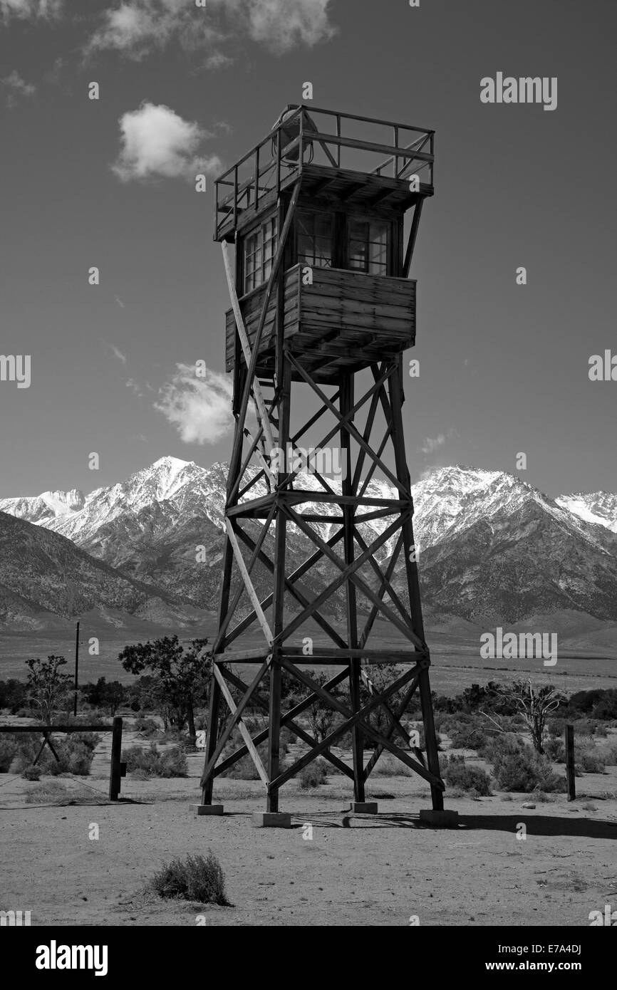 Manzanar War Relocation Center (WWII prison camp), and Sierra Nevada Mountain Range, near Lone Pine, Owens Valley, California, USA Stock Photo
