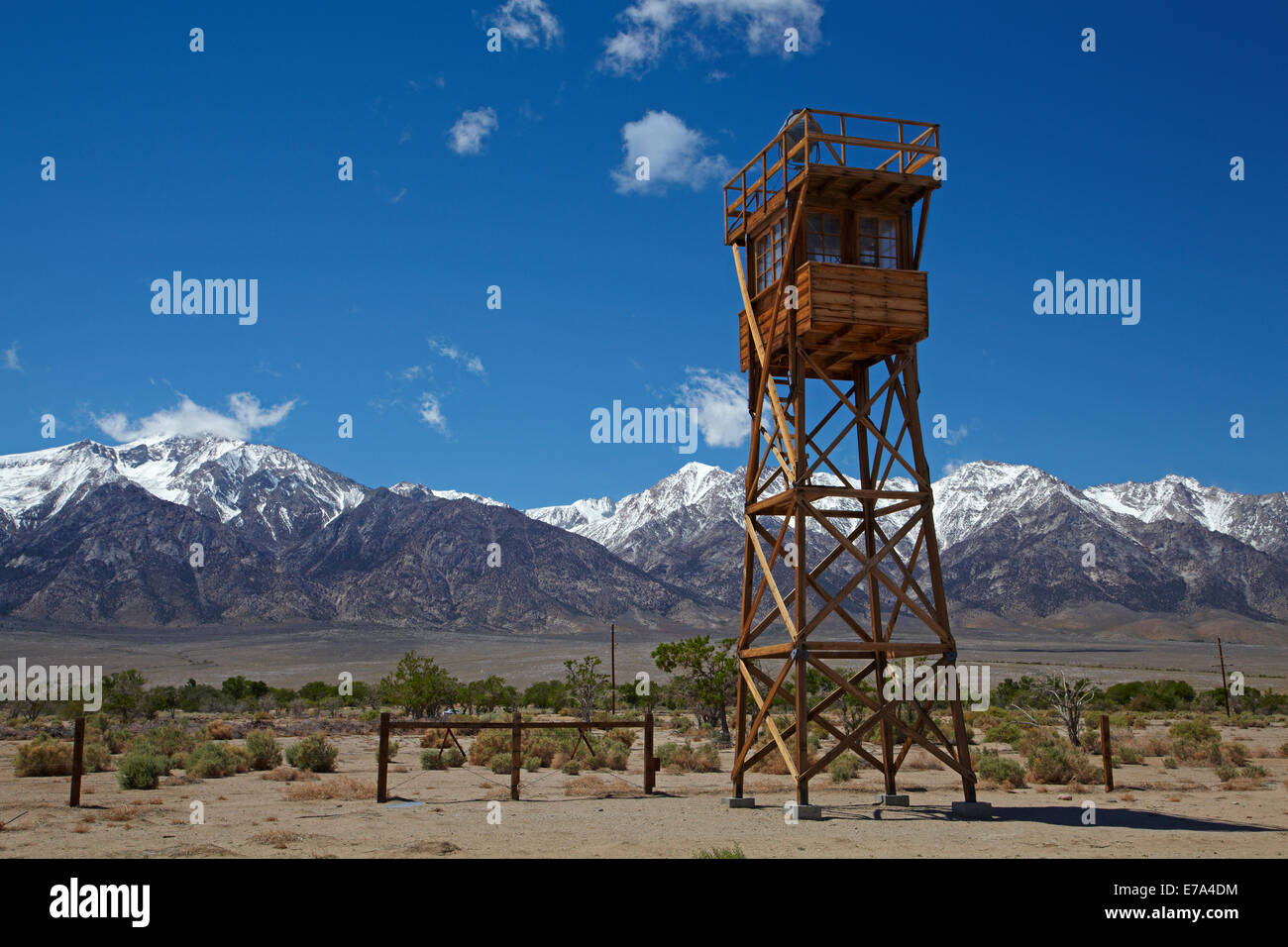 Manzanar War Relocation Center (WWII prison camp), and Sierra Nevada Mountain Range, near Lone Pine, Owens Valley, California, USA Stock Photo