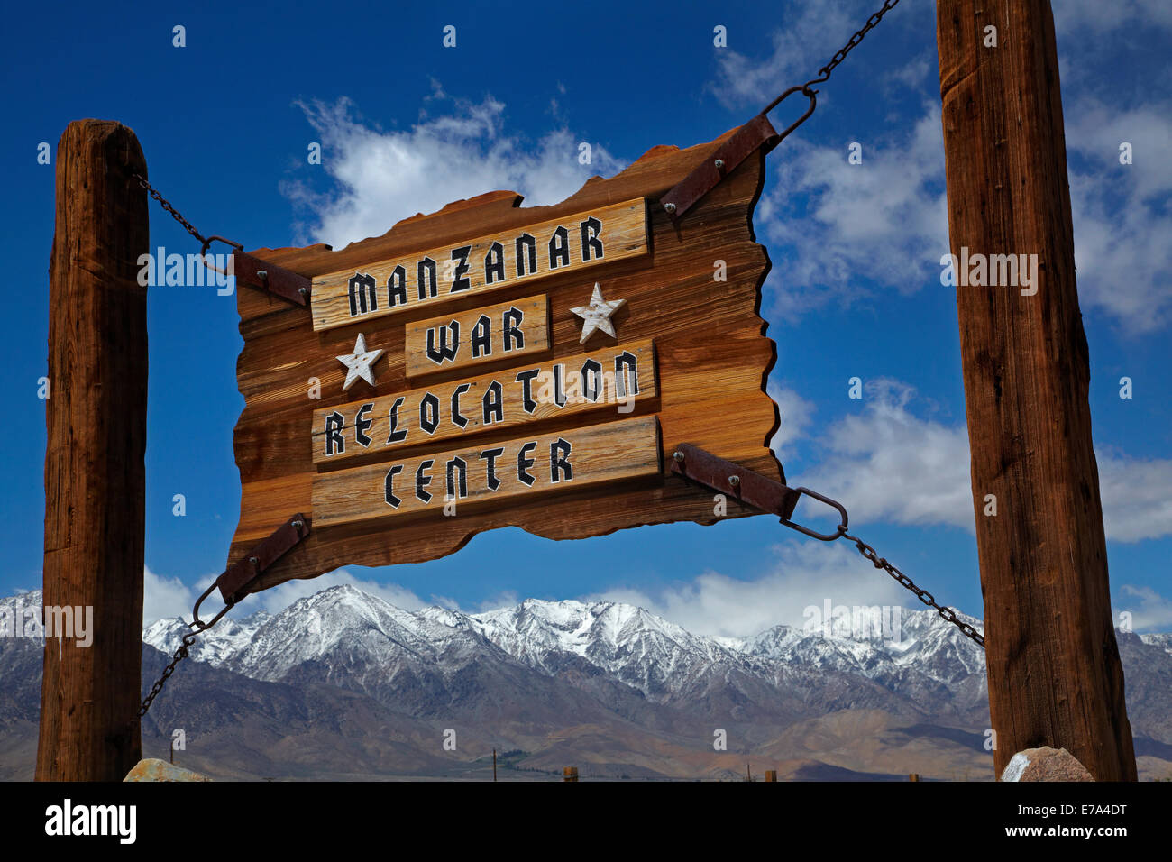 Manzanar War Relocation Center (WWII prison camp), and Sierra Nevada Mountain Range, near Lone Pine, Owens Valley, California, USA Stock Photo