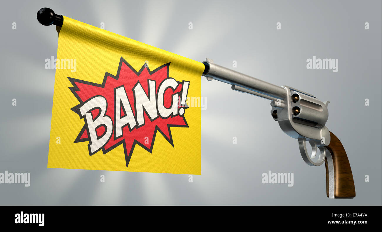 A six shooter gun with a flag coming out the barrel that says the word bang on it on an isolated light background Stock Photo