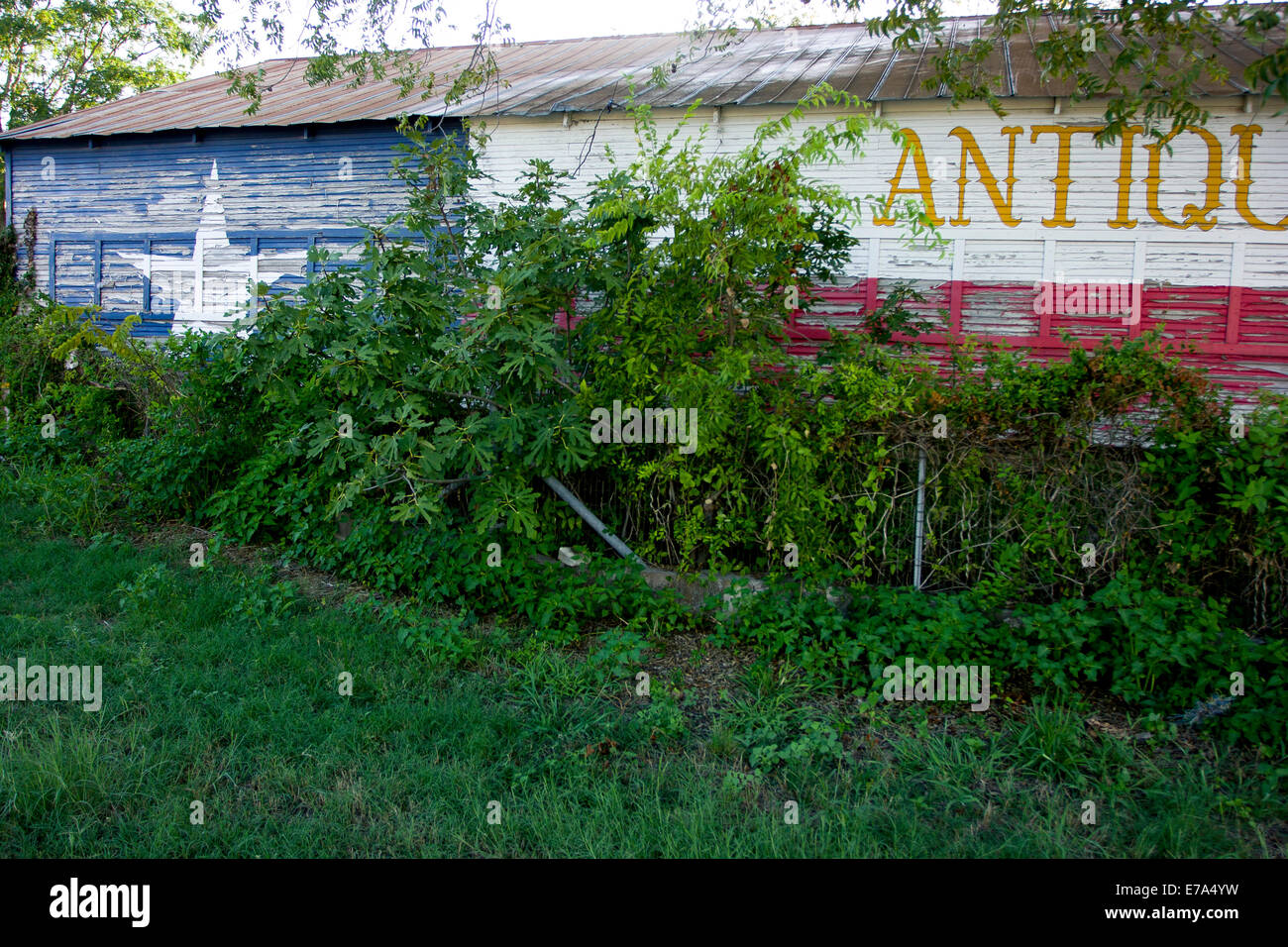 Abandoned antique store with Texas flag paint, Pipe Creek Texas Stock ...
