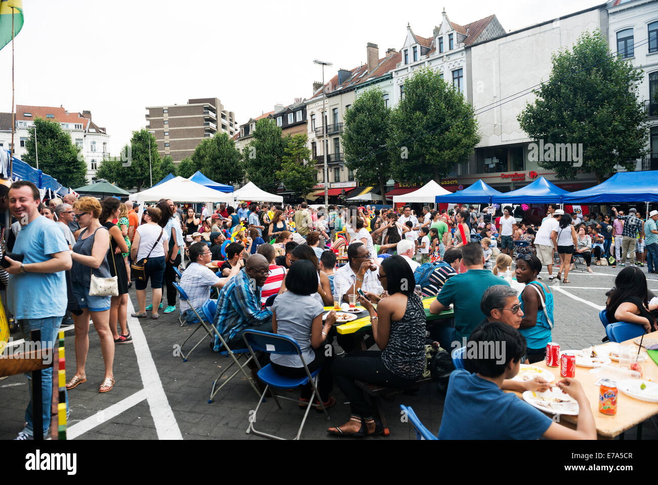 Crowed enjoying a Latin festival in Place Jourdane in the center of Brussels. Stock Photo