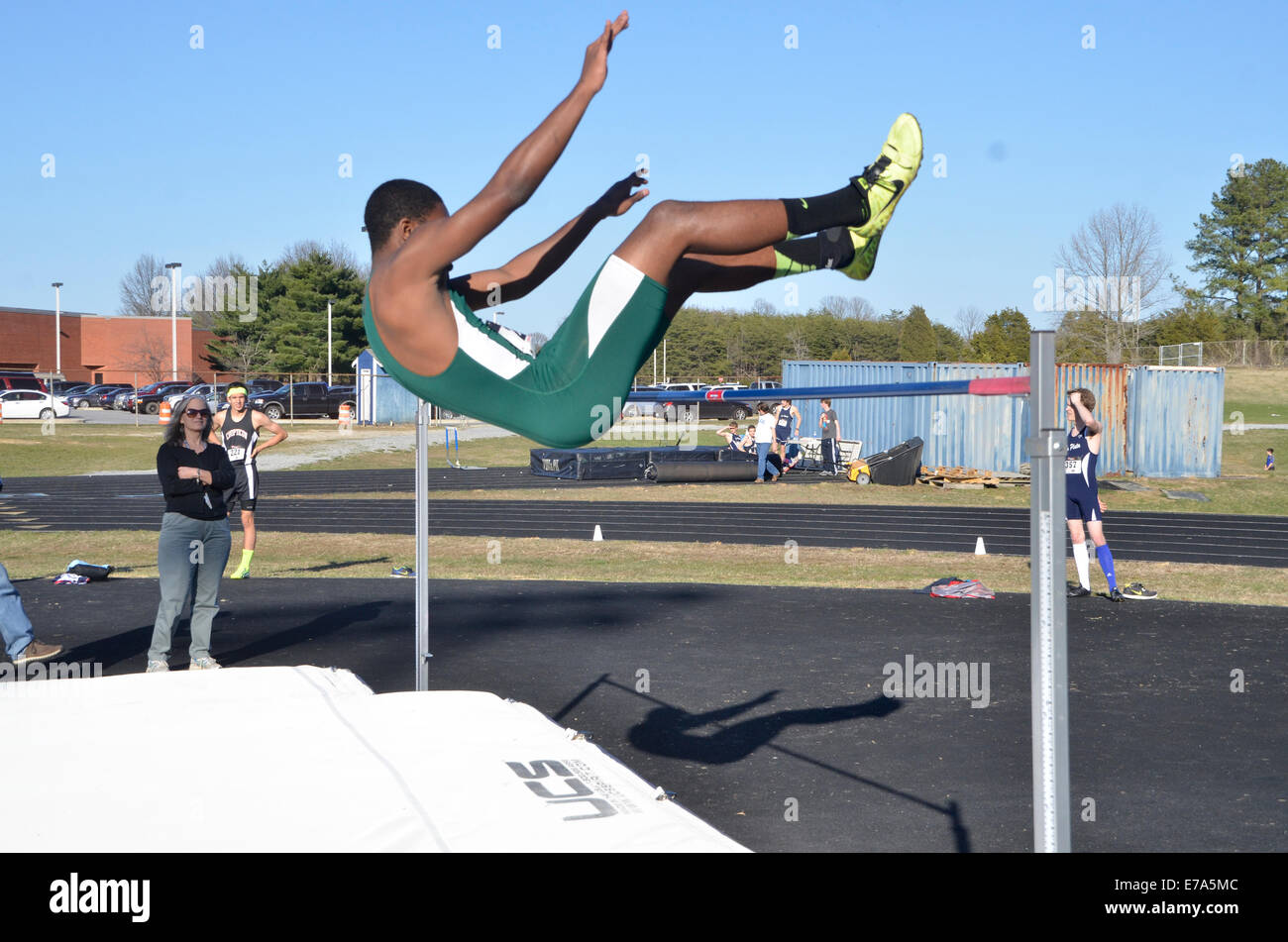 A high jump during a high school track and field event in Md Stock