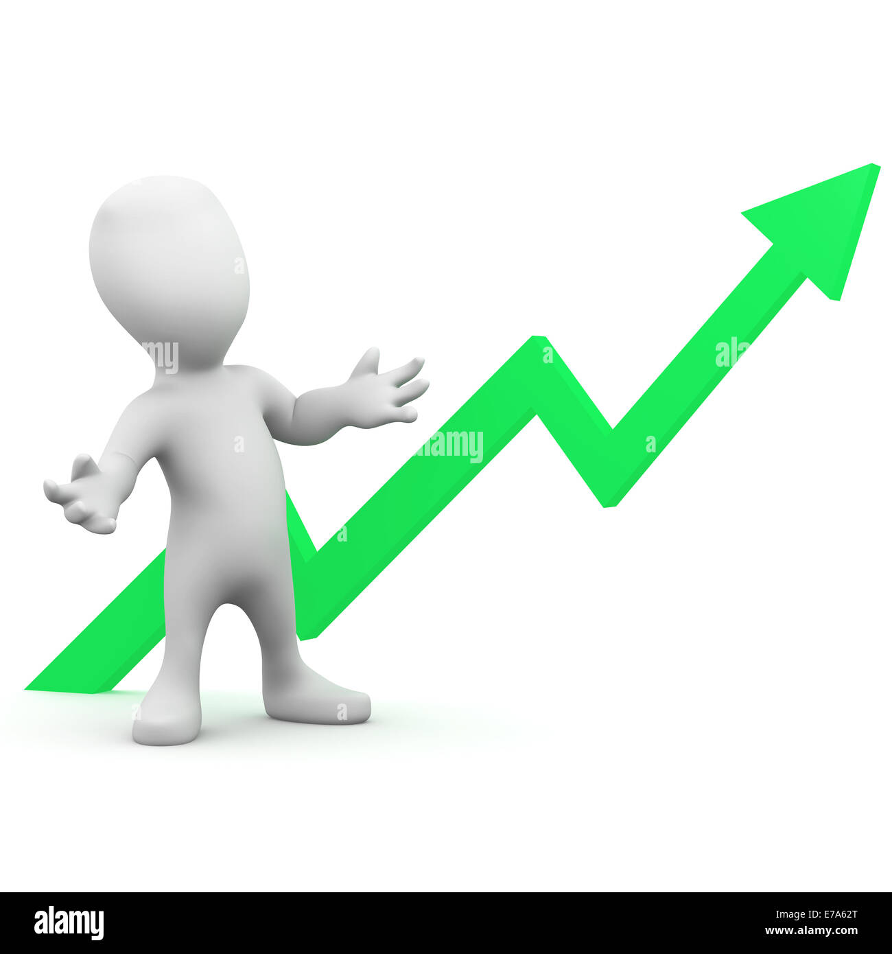 3d render of a little man with a green upward pointing arrow Stock ...