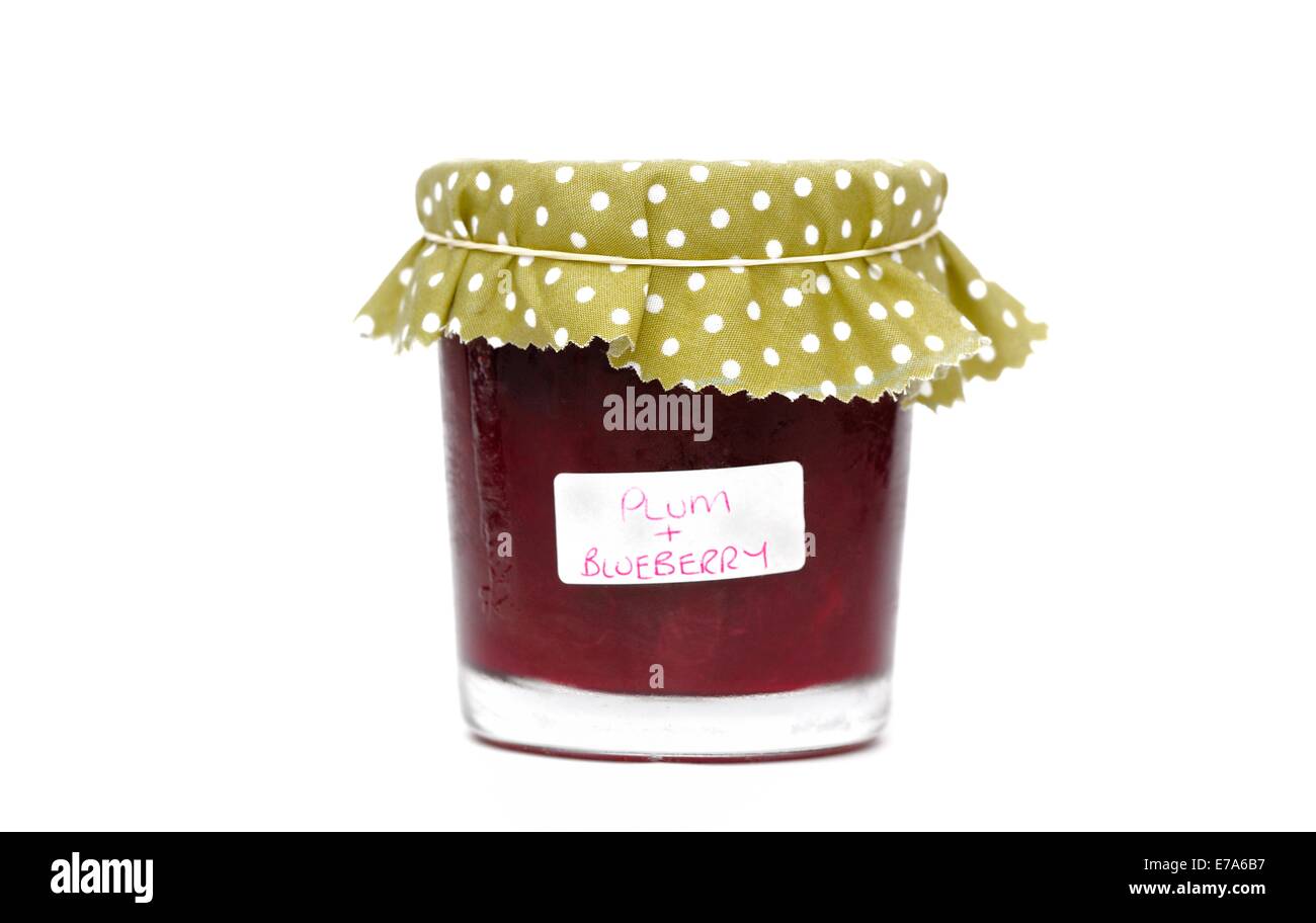 A jar of homemade plum and blueberry jam Stock Photo