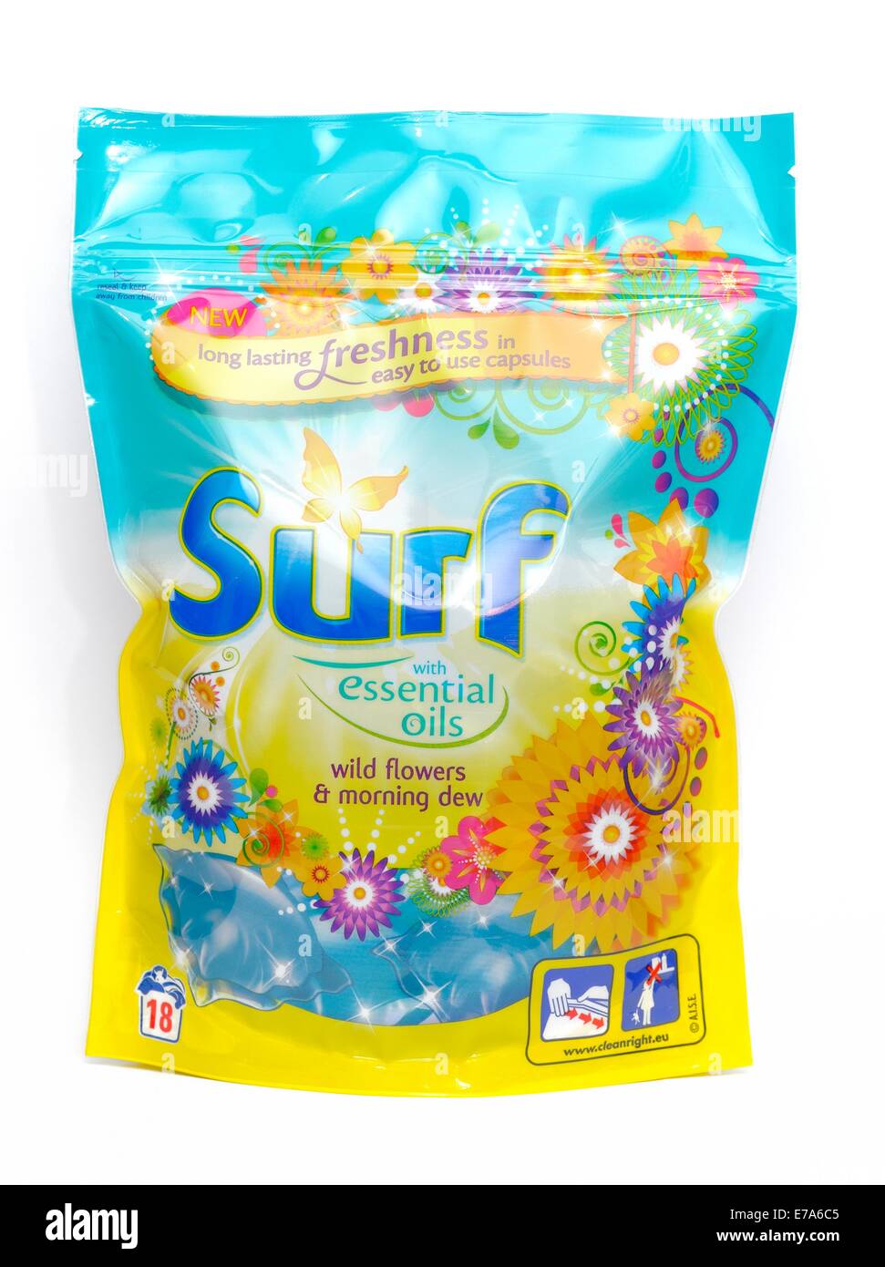 A bag of 18 Surf clothes washing capsules with essential oils wild flowers and morning dew england uk Stock Photo