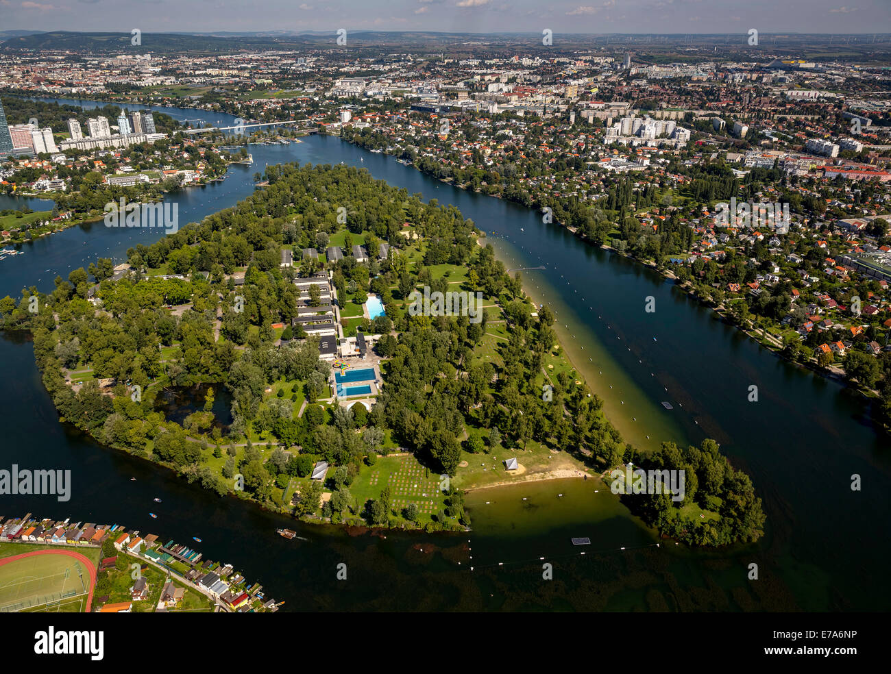 Aerial view, Gänsehäufel lido, Danube island, Alte Donau, Vienna, Austria Stock Photo
