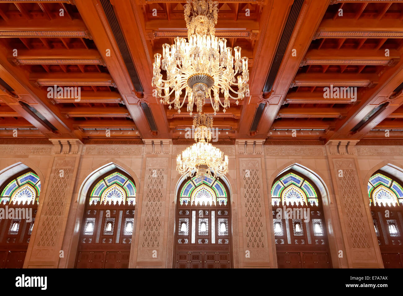 Prayer room for women with a wooden ceiling and a chandelier, Sultan Qaboos Grand Mosque, Muscat, Oman Stock Photo