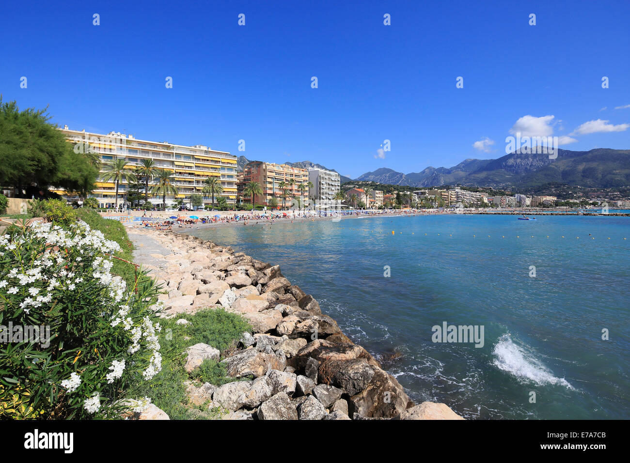 Beach of Carnolès, looking towards the ridge of the border to Italy, Roquebrune Cap Martin, Maritime Alps Stock Photo
