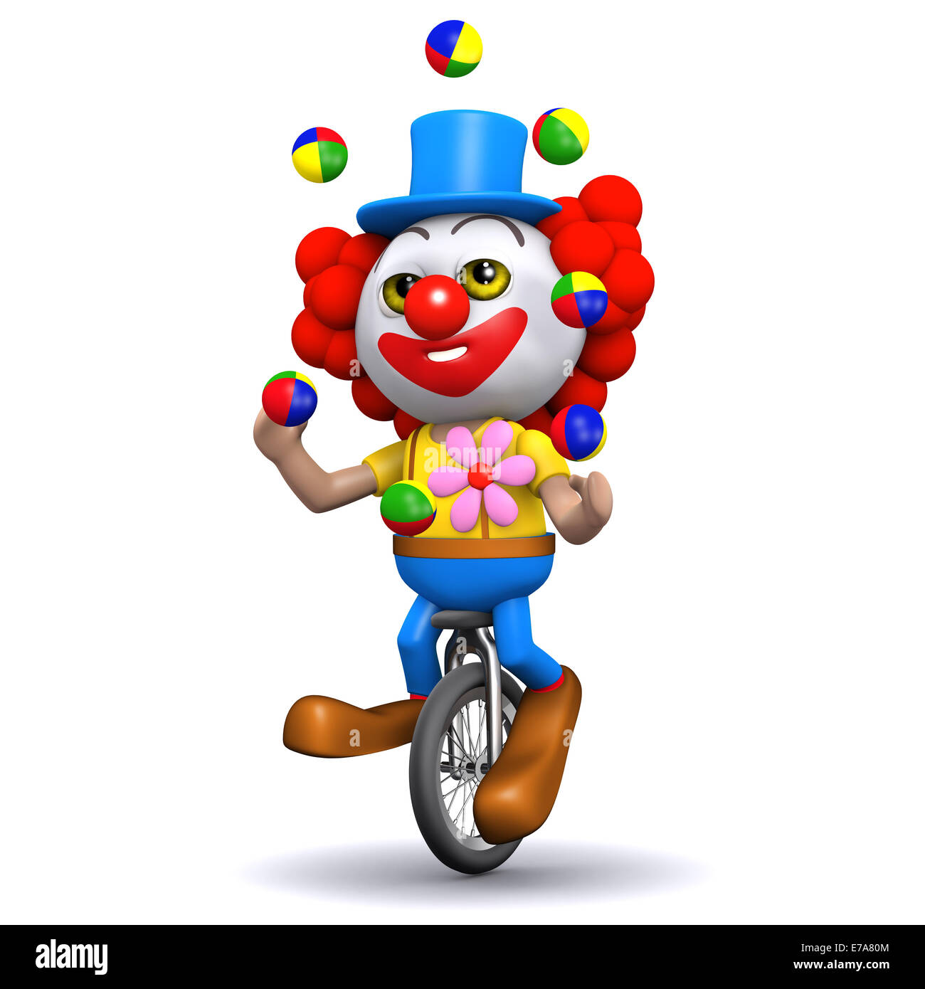 3d cartoon clown character in silly hat with blue wig riding a unicycle ...