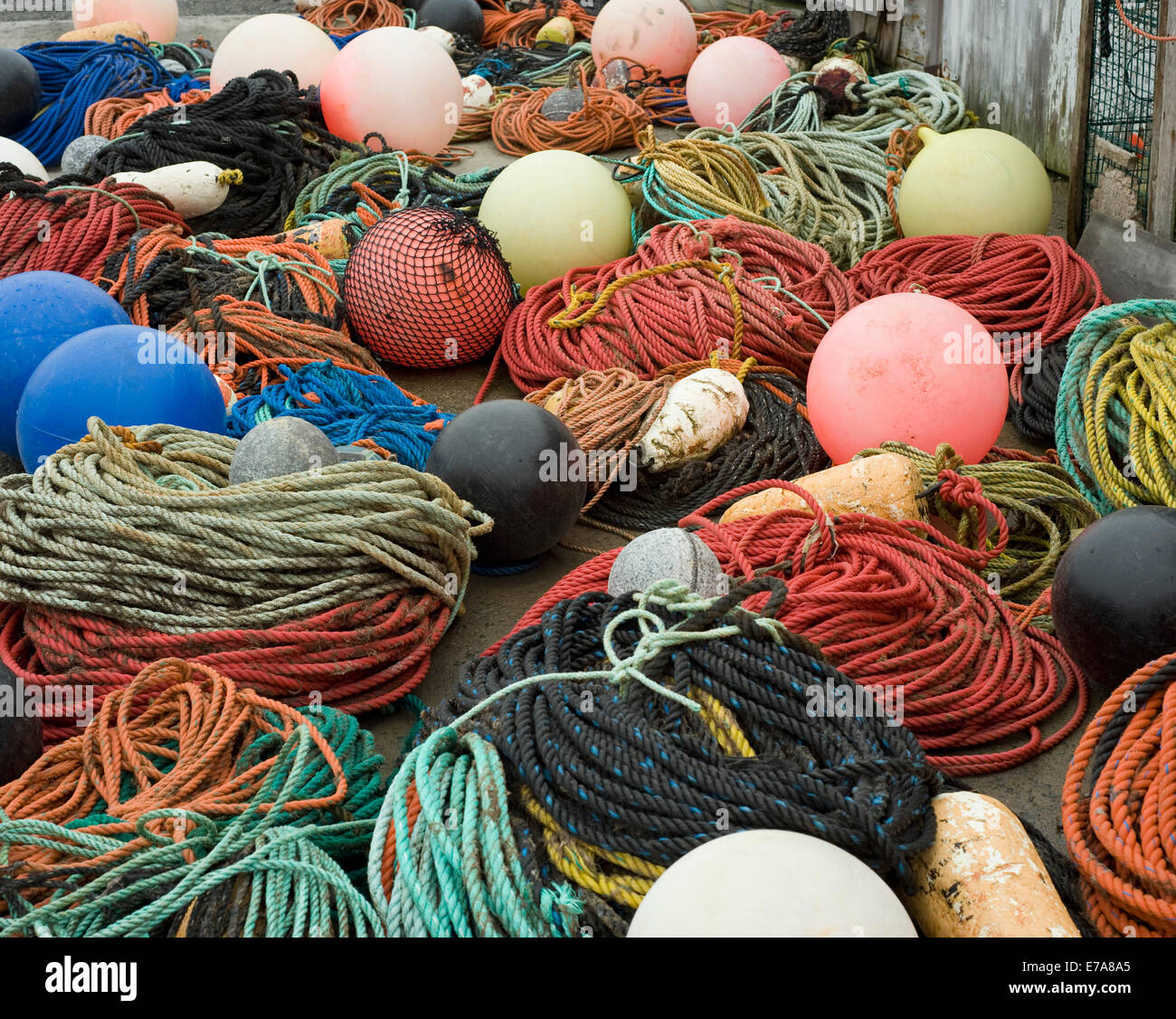 Fishing buoys and ropes Stock Photo