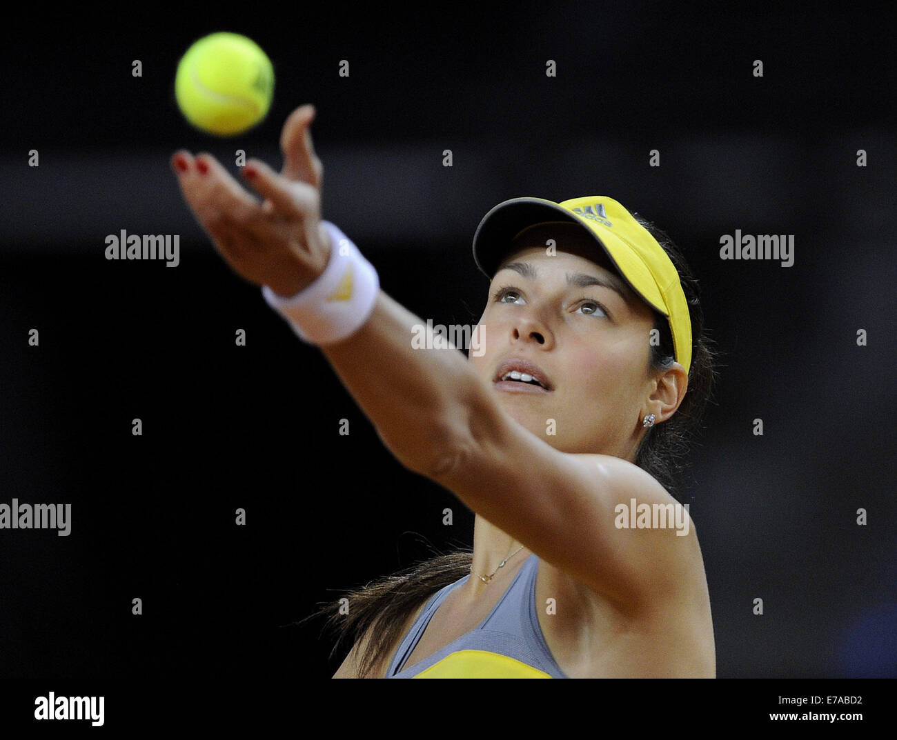 Ana Ivanovic from Serbia serves during the Fed Cup relegation match against Germany's Kerber at Porsche Arena in Stuttgart, Germany, 21 April 2013. Photo: Danile Maurer Stock Photo
