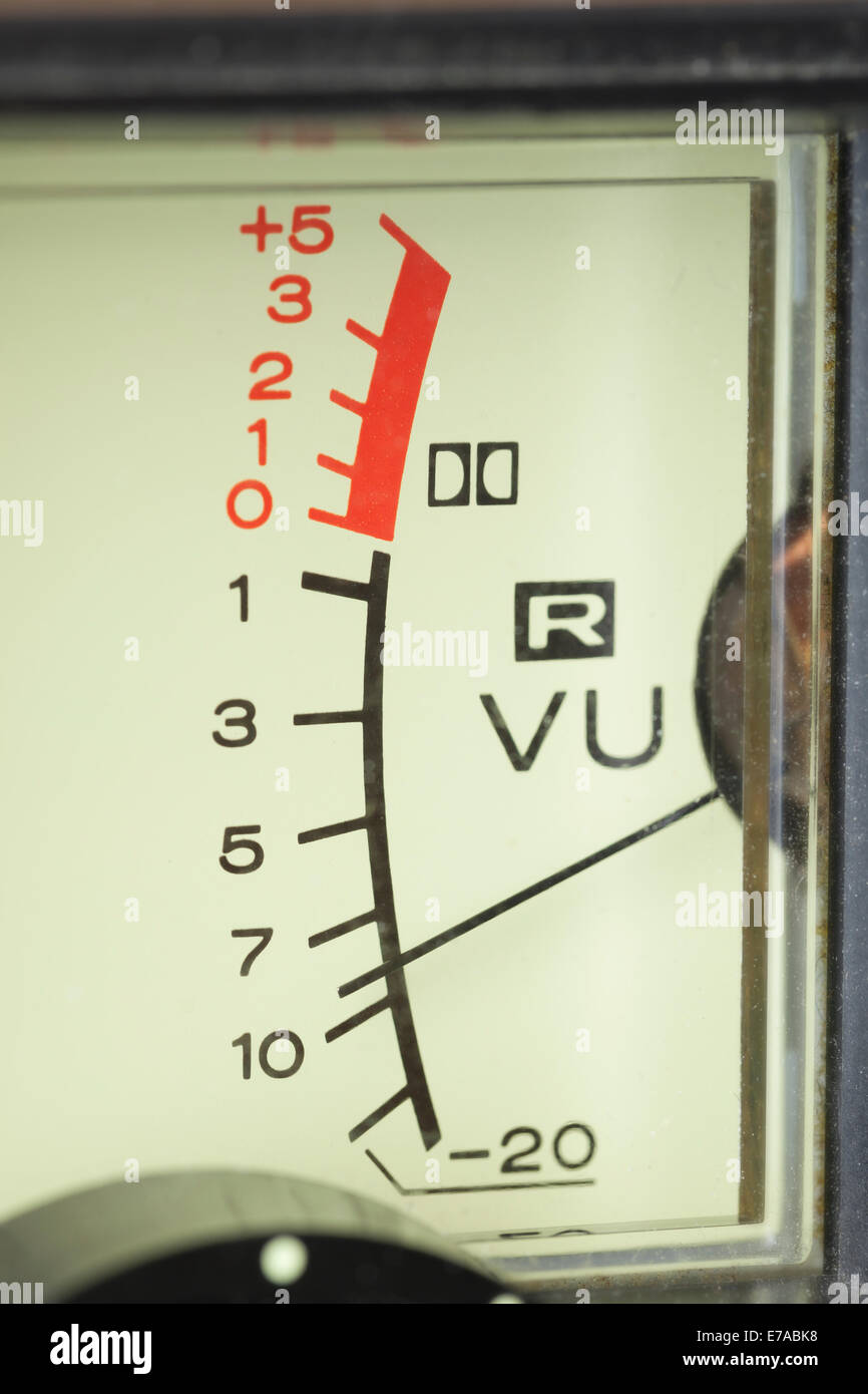 VU meter, audio signal volume unit, with needles indicating low levels Stock Photo