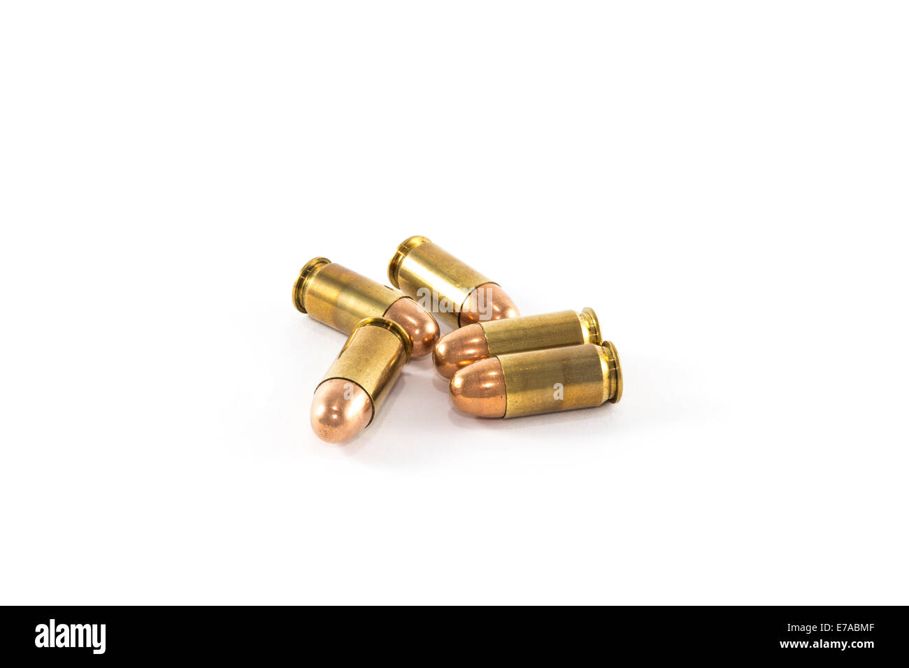 Five handgun cartridges caliber 45 ACP Stock Photo