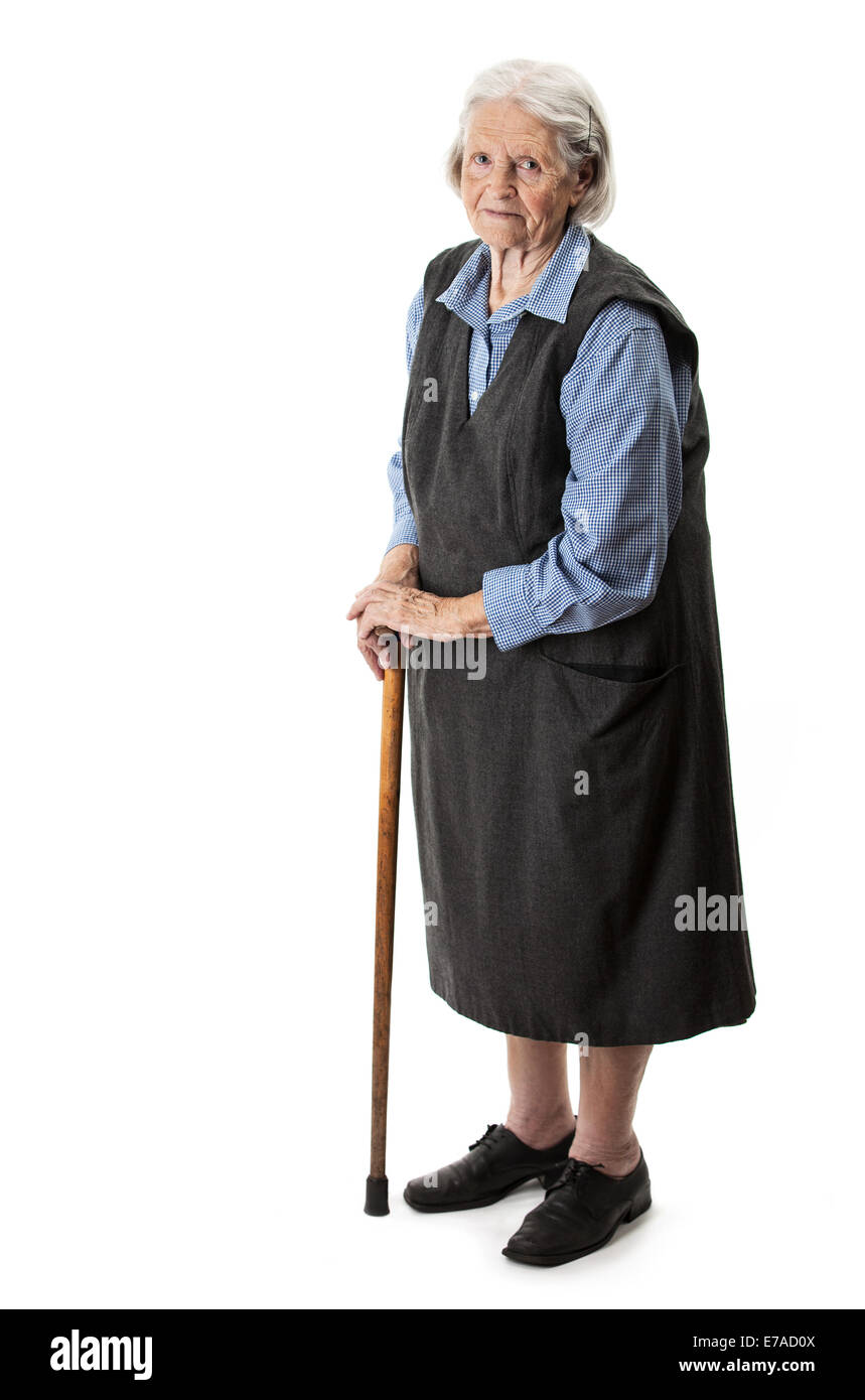 Old woman with a cane on a white background Stock Photo