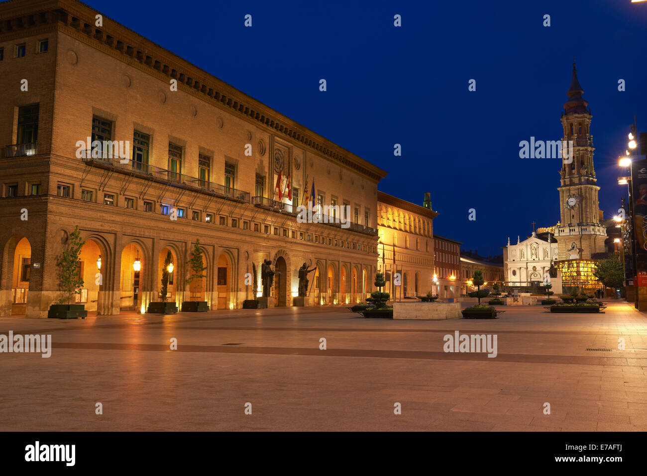 Town Hall, La Seo Cathedral, Plaza del Pilar square, Zaragoza, Aragon, Spain Stock Photo