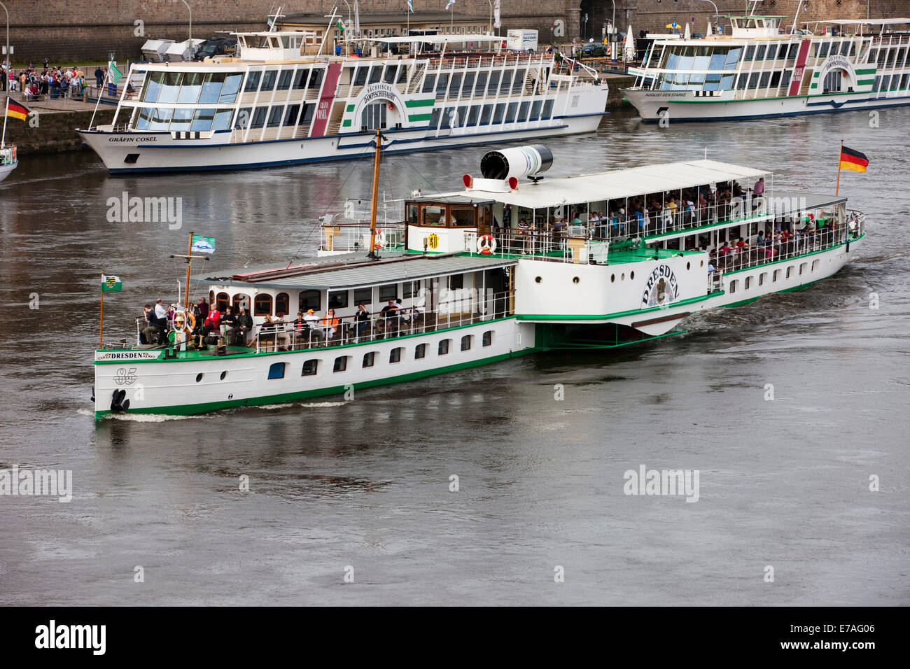 Pleasure boat cruising on the Elbe river, Dresden, Saxony, Germany Stock Photo