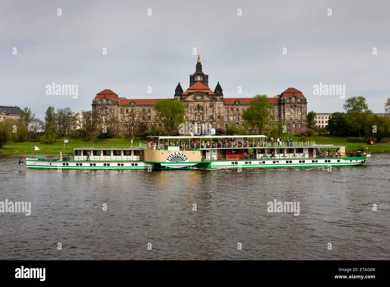 Sächsische Staatskanzlei or Saxon State Chancellery, a pleasure boat passing on the Elbe river in the foreground, Dresden Stock Photo