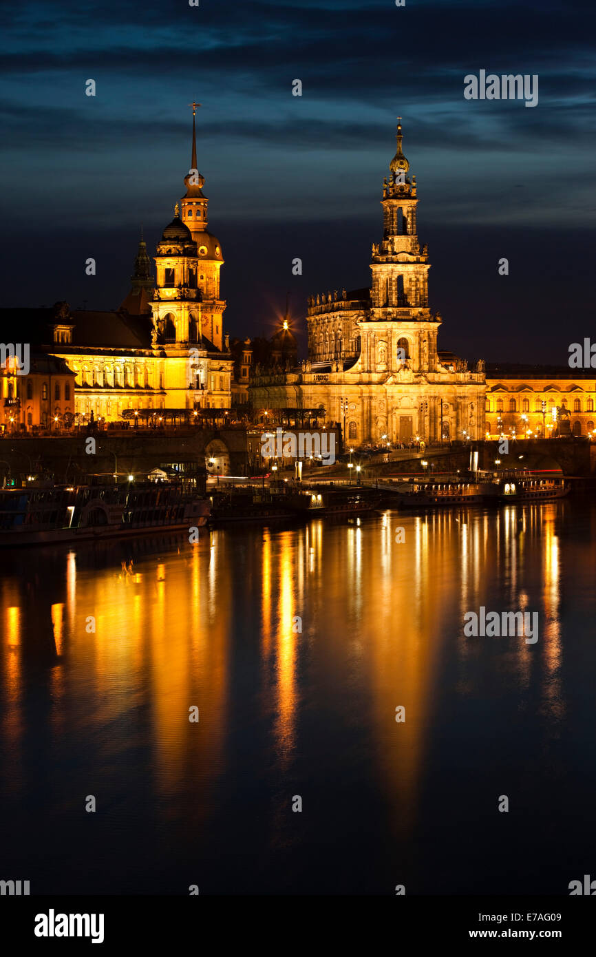 Historic district of Dresden with the Elbe river in the foreground at twilight, Dresden, Saxony, Germany Stock Photo