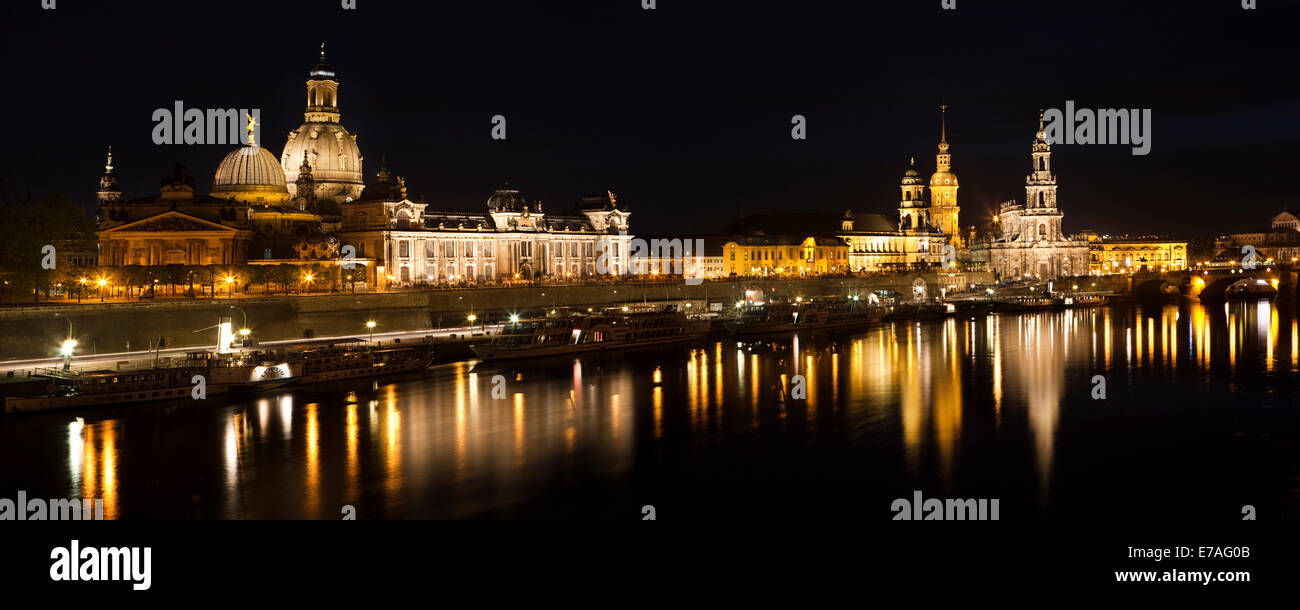 Historic district of Dresden with the Elbe river in the foreground at twilight, Dresden, Saxony, Germany Stock Photo