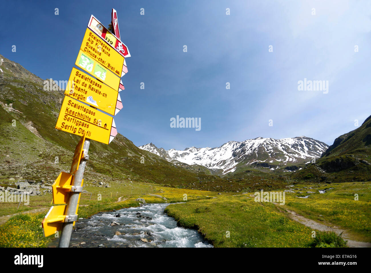 Signpost in Dischma Valley, Davos, Graubünden, Switzerland Stock Photo