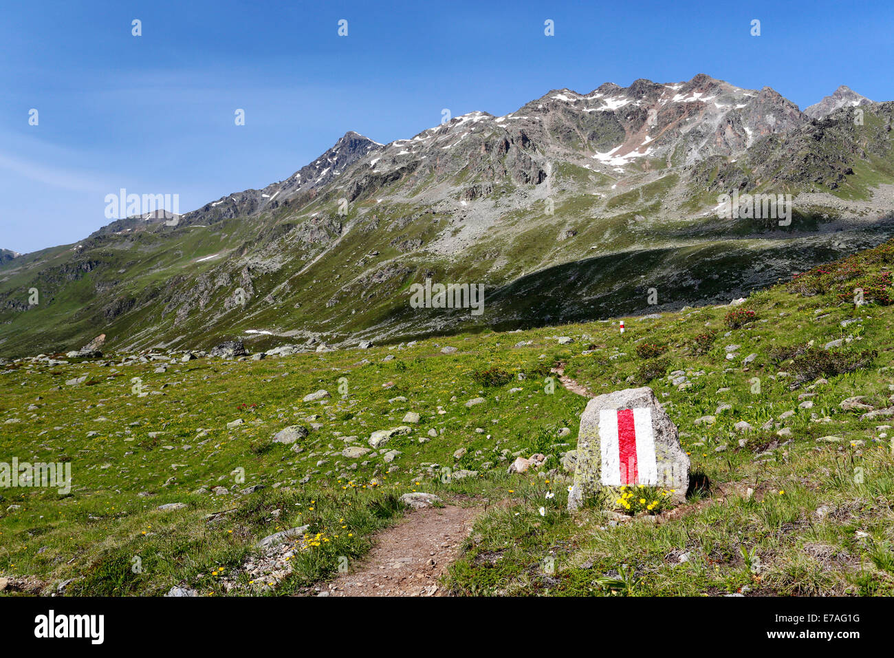 Hiking trail sign in Getschtälli, Dischma Valley, Davos, Graubünden, Switzerland Stock Photo