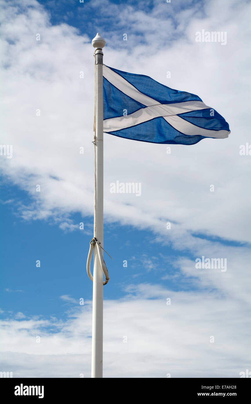 The St Andrew's cross or Scottish Saltire flag flies in the wind against a blue sky. Stock Photo