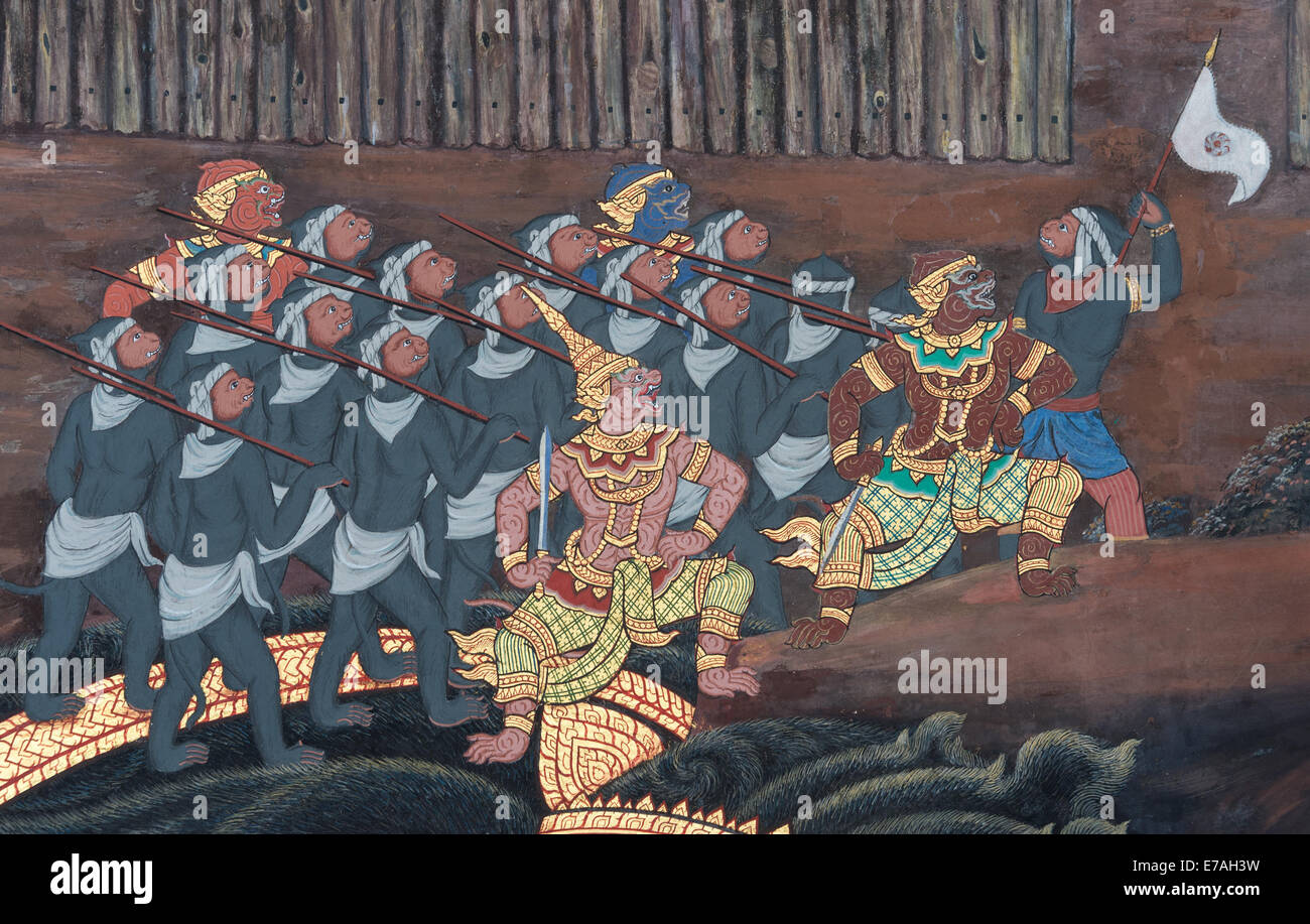 Hanuman leads his monkey army in a scene from the Ramayana, depicted in