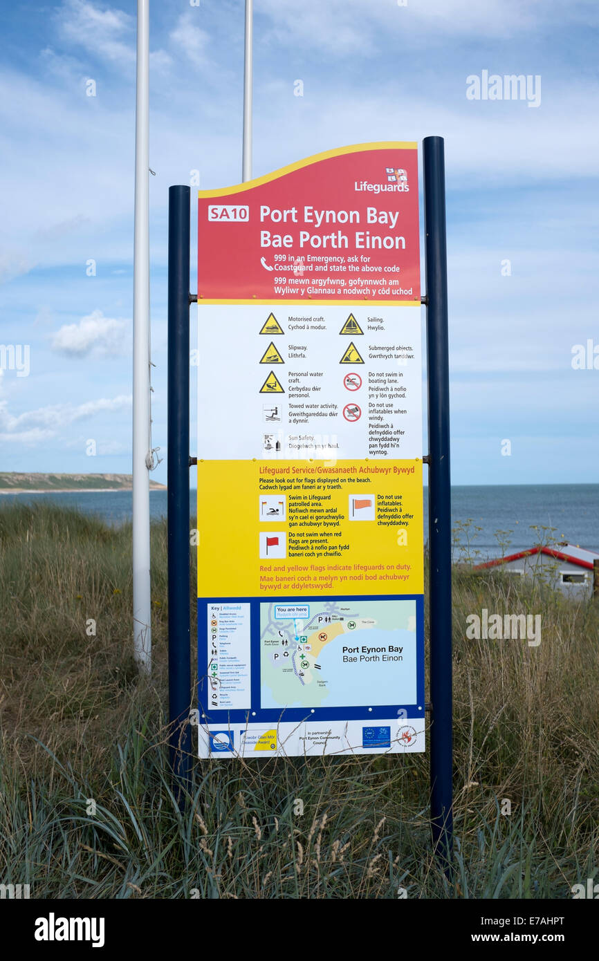 Port Eynon Bay Wales Beach Bathing Safety Sign Stock Photo