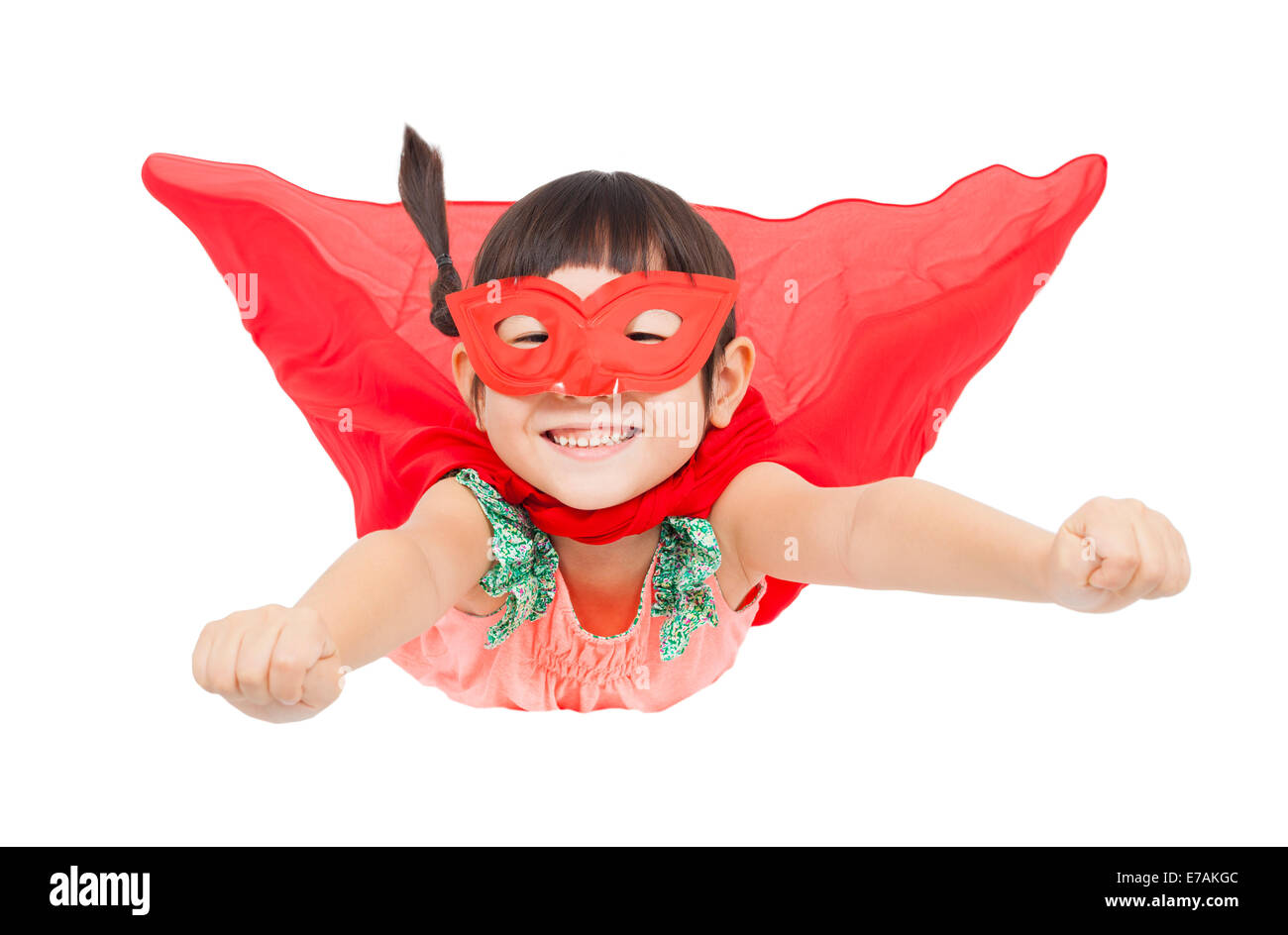superhero girl flying isolated on white background Stock Photo