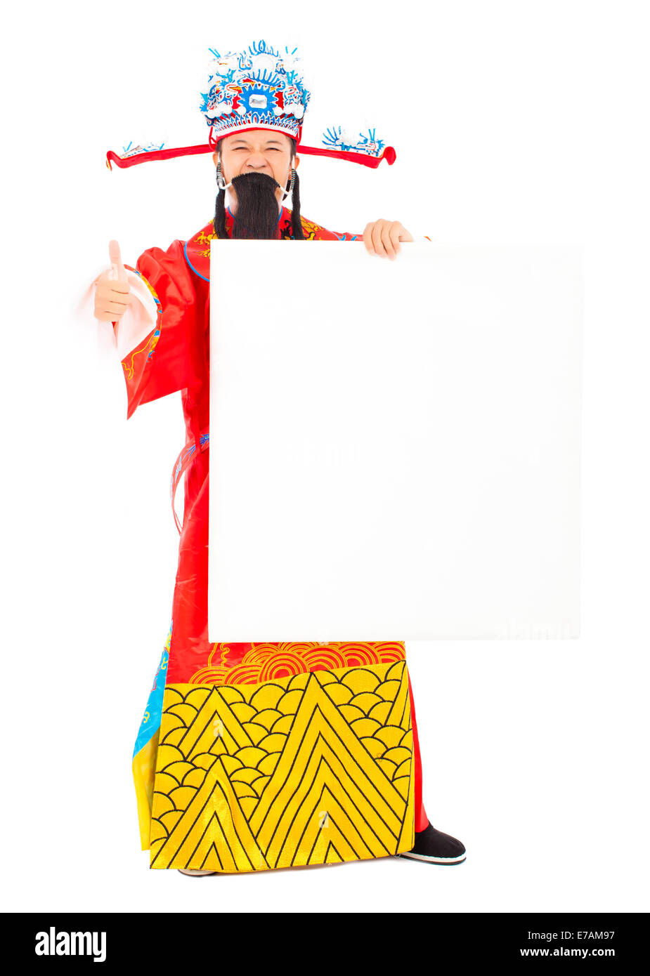 God of wealth holding a blank board over white background Stock Photo