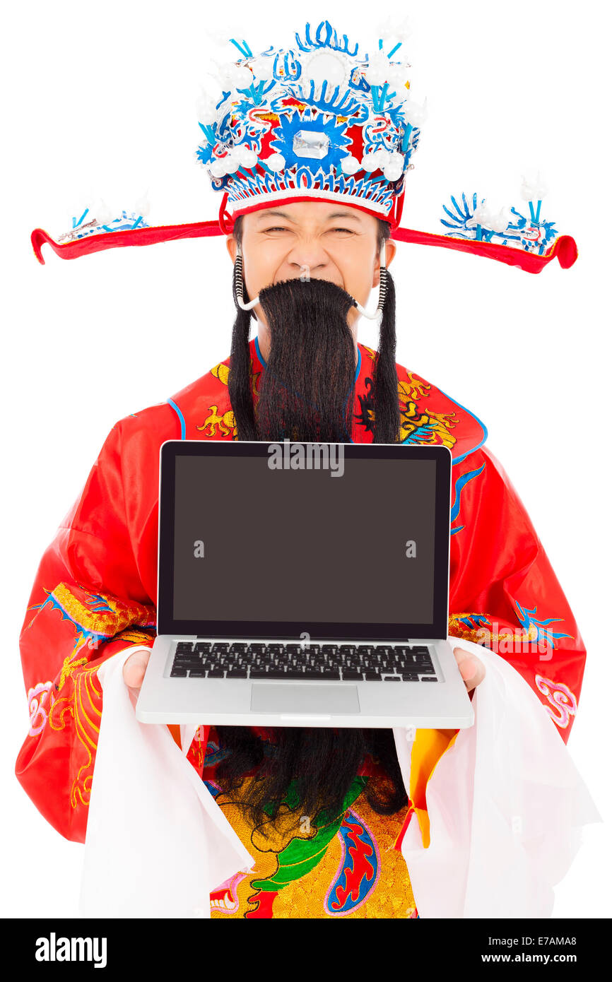 God of wealth holding a laptop  over white background Stock Photo