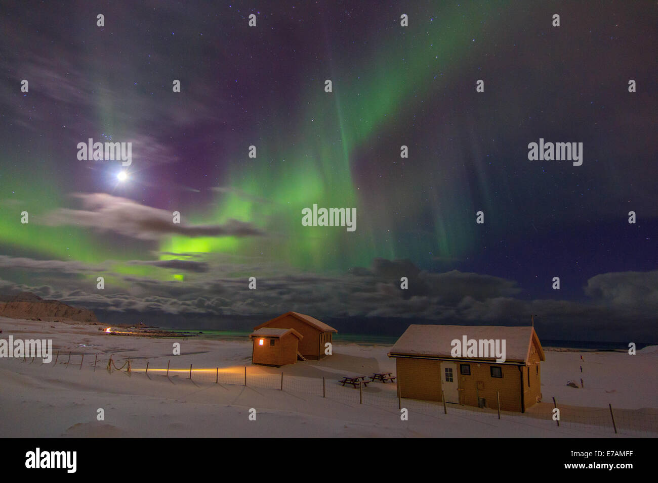 Northern lights on  Flakstad beach (Lofoten Islands) Stock Photo