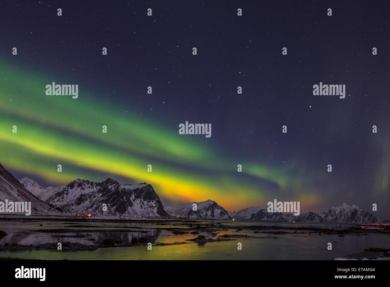 Northern lights on  the Norwegian fjords Stock Photo