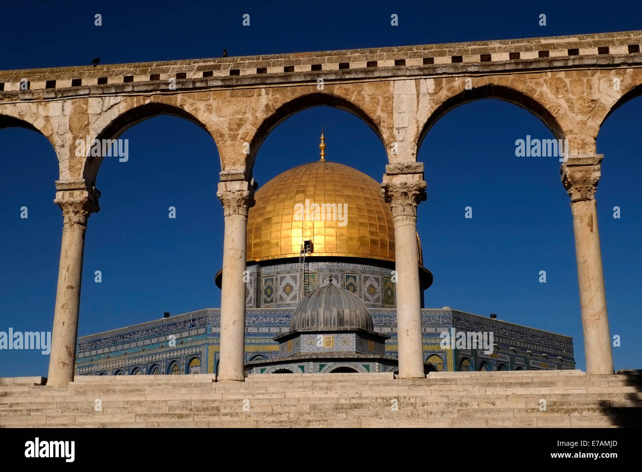 The gilded Islamic shrine Dome of the Rock Mosque viewed through El