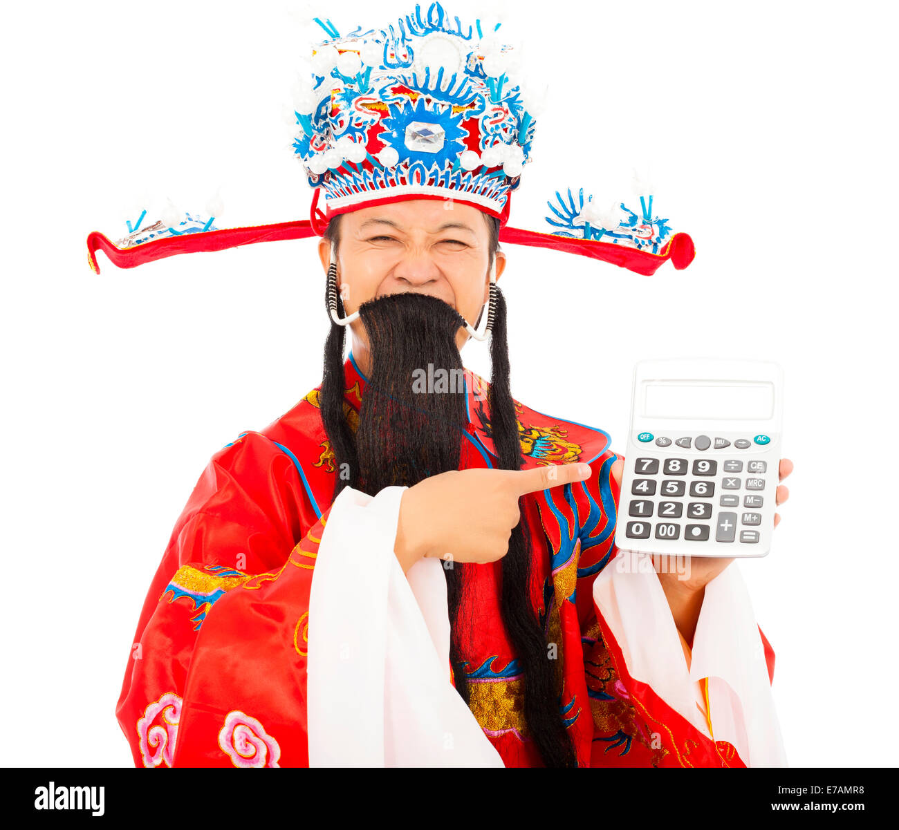 God of wealth pointing a compute machine over white background Stock Photo