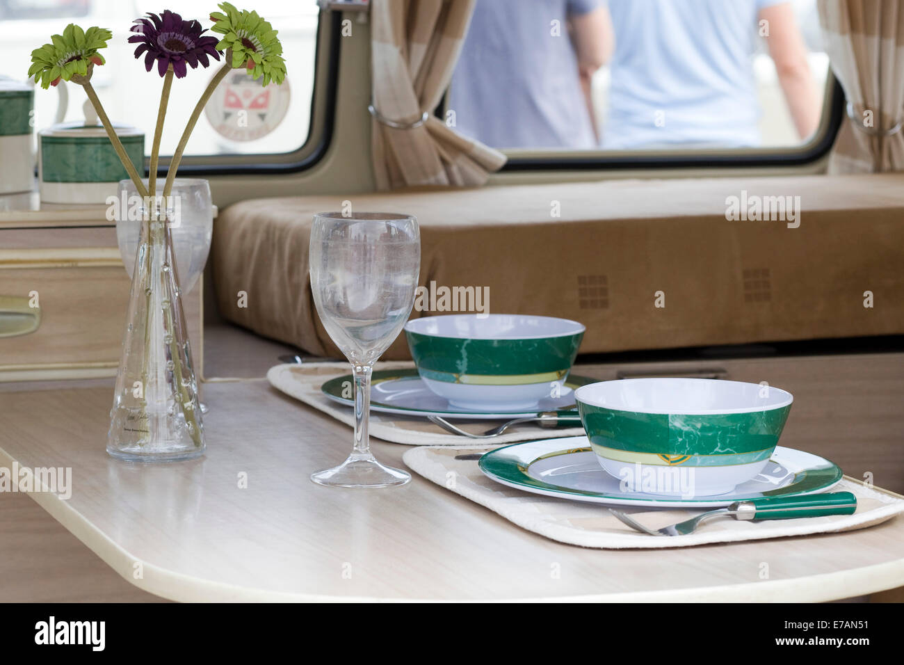 China soup bowls and plates in a Volkswagen Camper van Stock Photo Alamy