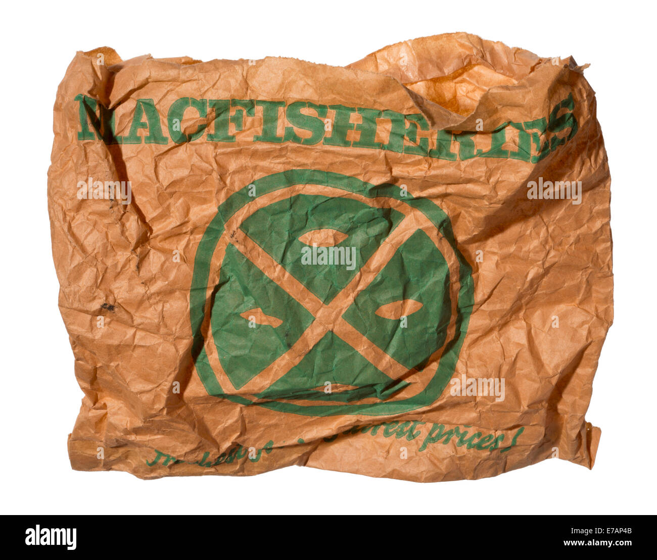 Old fashioned brown paper bag from Macfisheries. British chain of high street fish shops in the 1960's and 1970's. Stock Photo
