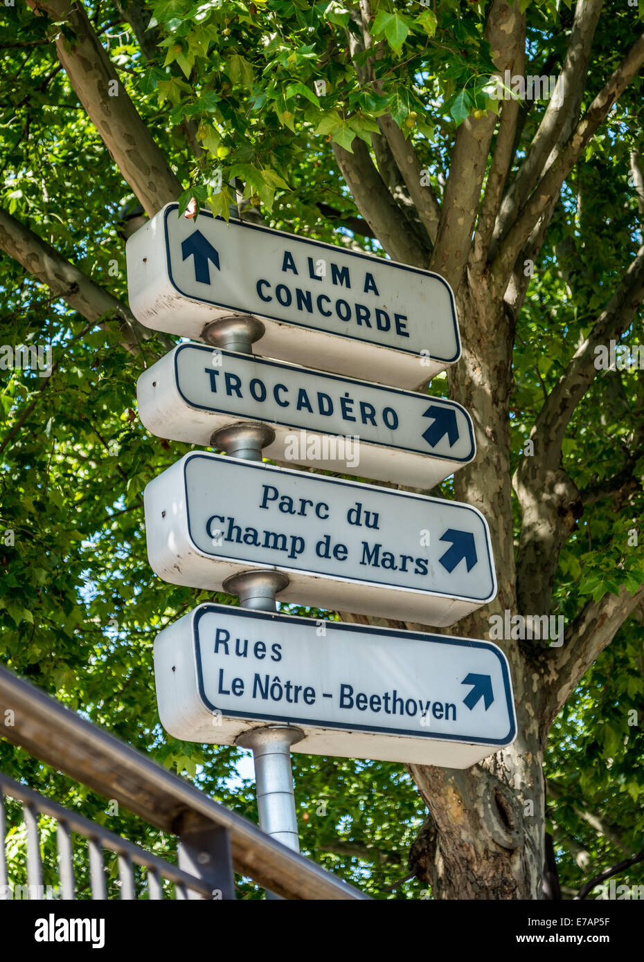A sign post in the France capital Paris points the direction to various roads and avenues. Stock Photo
