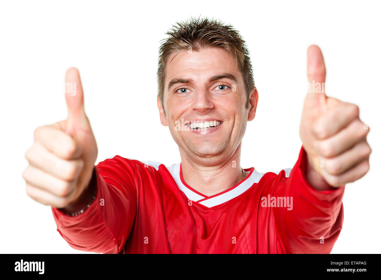 Image of soccer player with red shirt and thumbs up Stock Photo Alamy