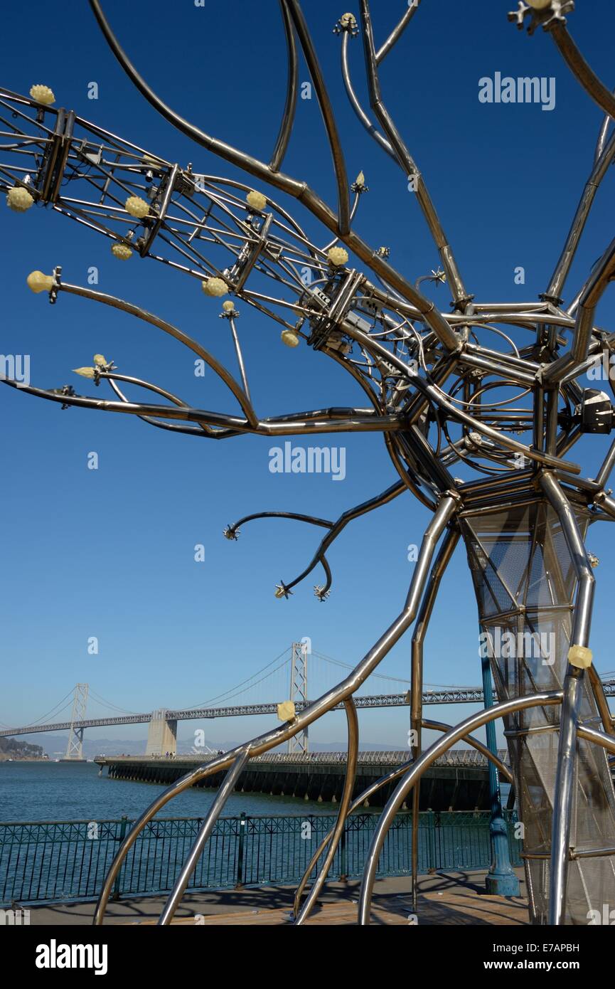 The flaming lotus girls (FLG) SOMA installation in front of the Bay Bridge, San Francisco CA Stock Photo
