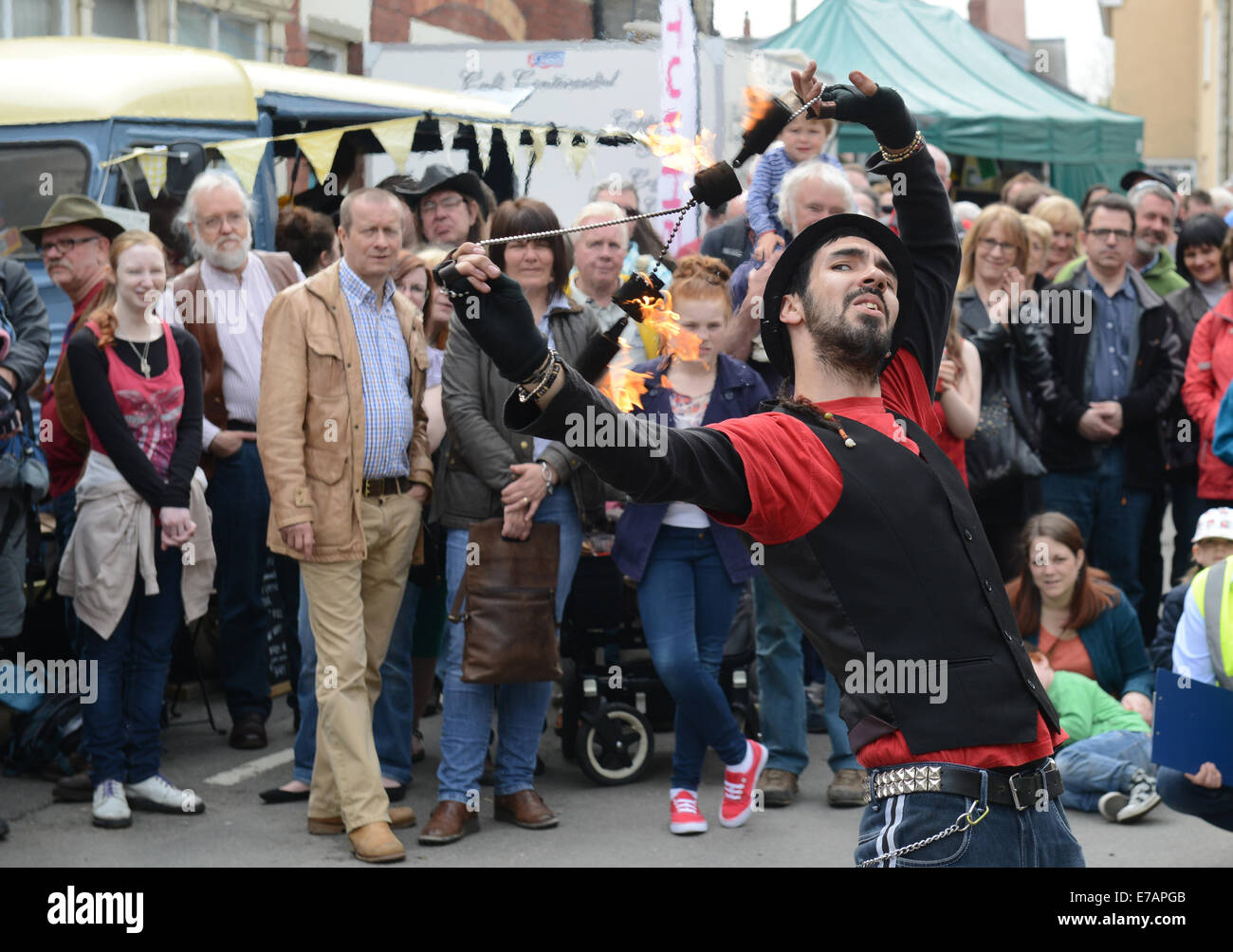 Fire juggler street artist Dan Dicker at The Green Man Festival at Clun in Shropshire Stock Photo