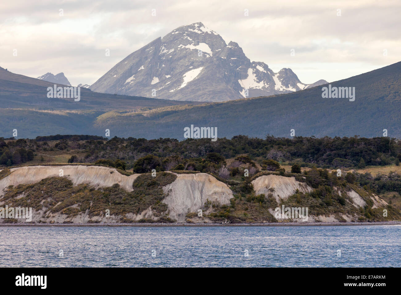 A view of mountaintop from the Beagle Channel, near Ushuaia, Tierra del Fuego, Antártida e Islas del Atlántico Sur Province, Argentina Stock Photo