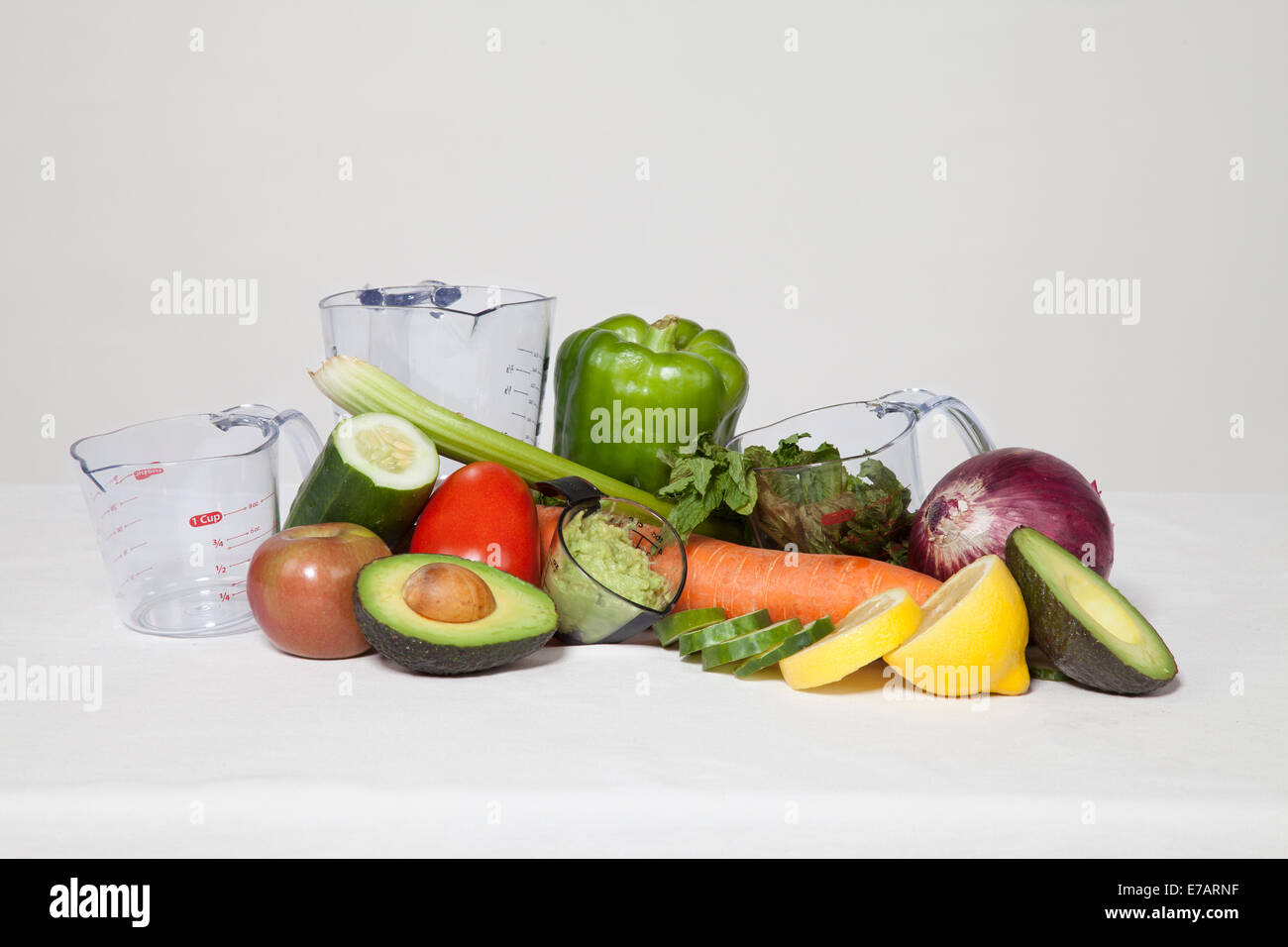A view of a still life composed of various fruits and vegetables in order to portray clean eating lifestyle. Stock Photo