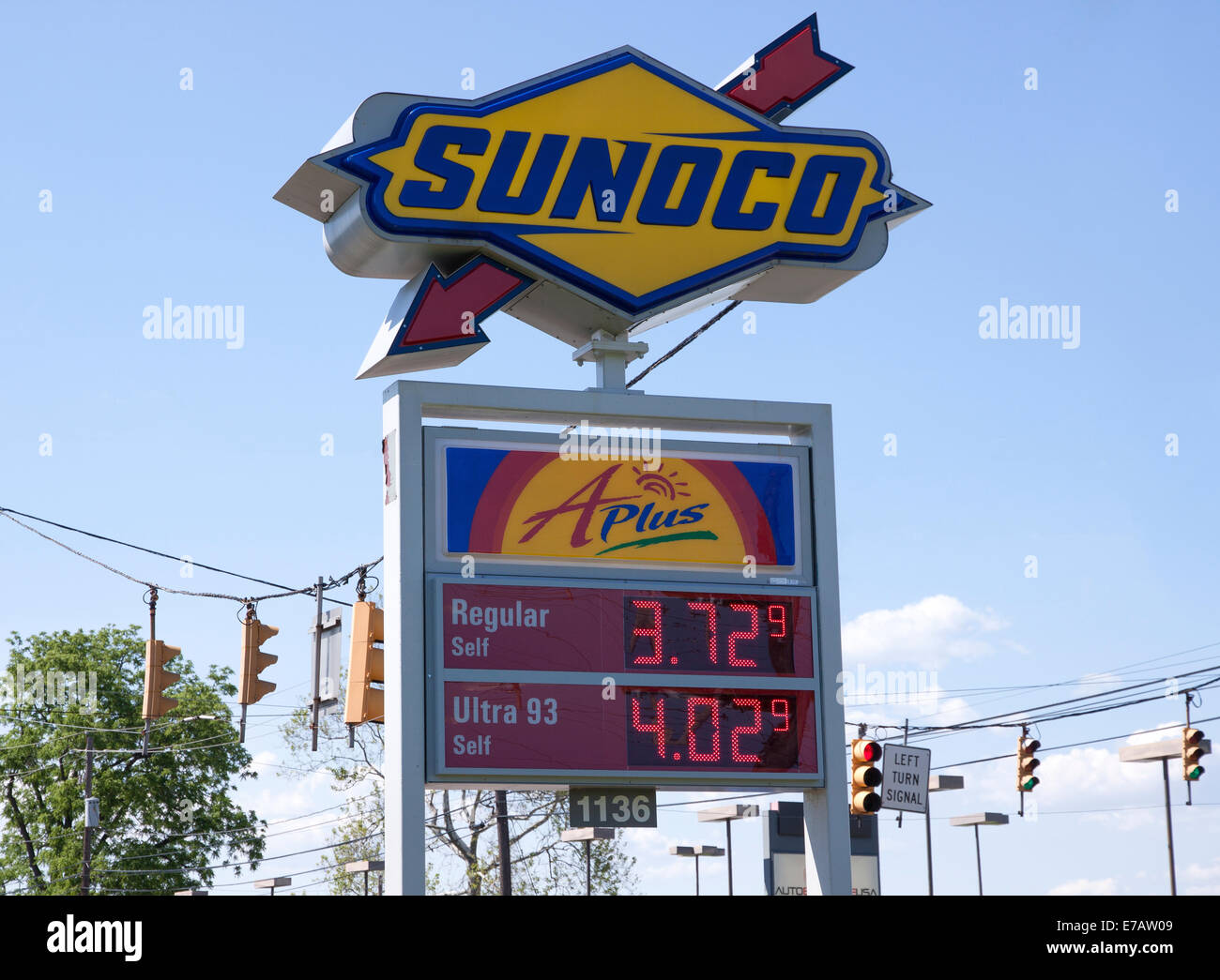 Sunoco price sign for regular and ultra gasoline. Stock Photo