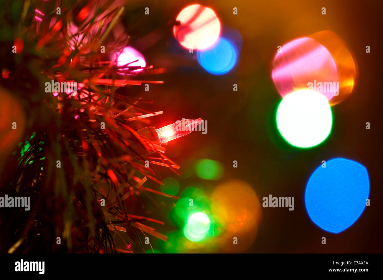 Closeup of Christmas Lights hanging on railing Stock Photo