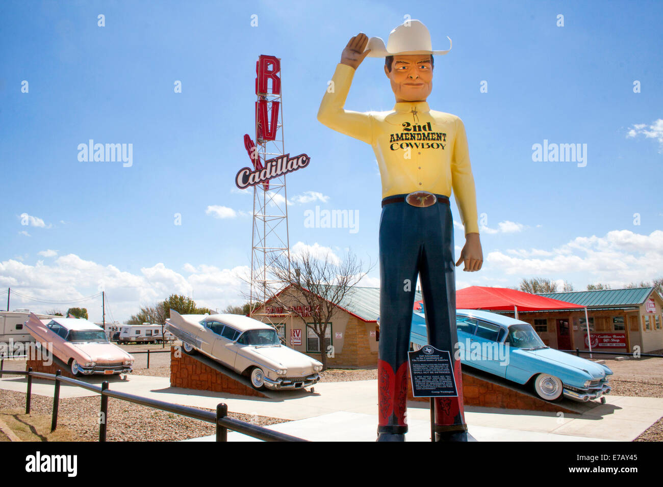 2nd Amendment Muffler Man cowboy at the RV Cadillac Ranch in Amarillo