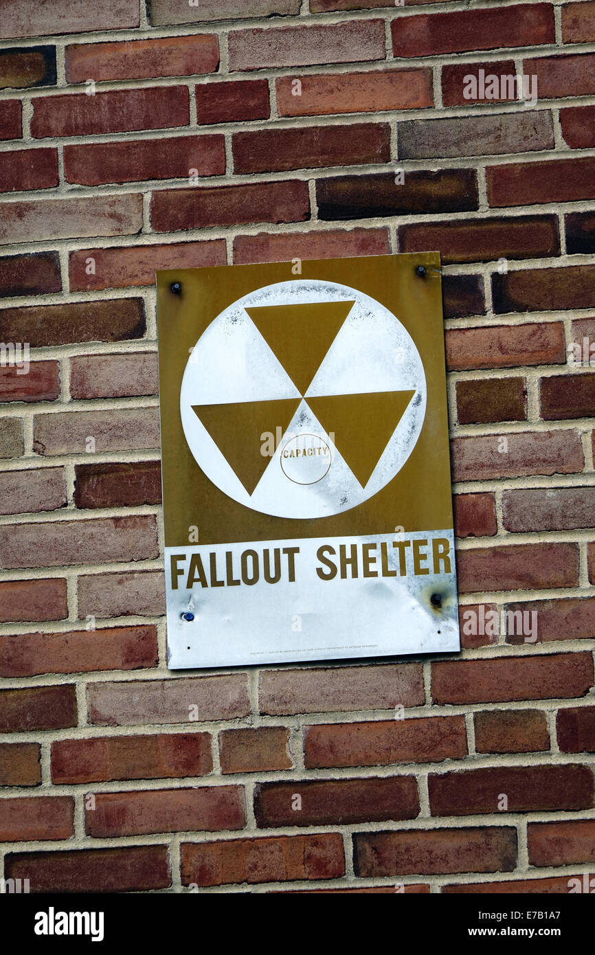 Sign on brick wall for fallout shelter at Mother Seton Regional High School, Clark, New Jersey Stock Photo